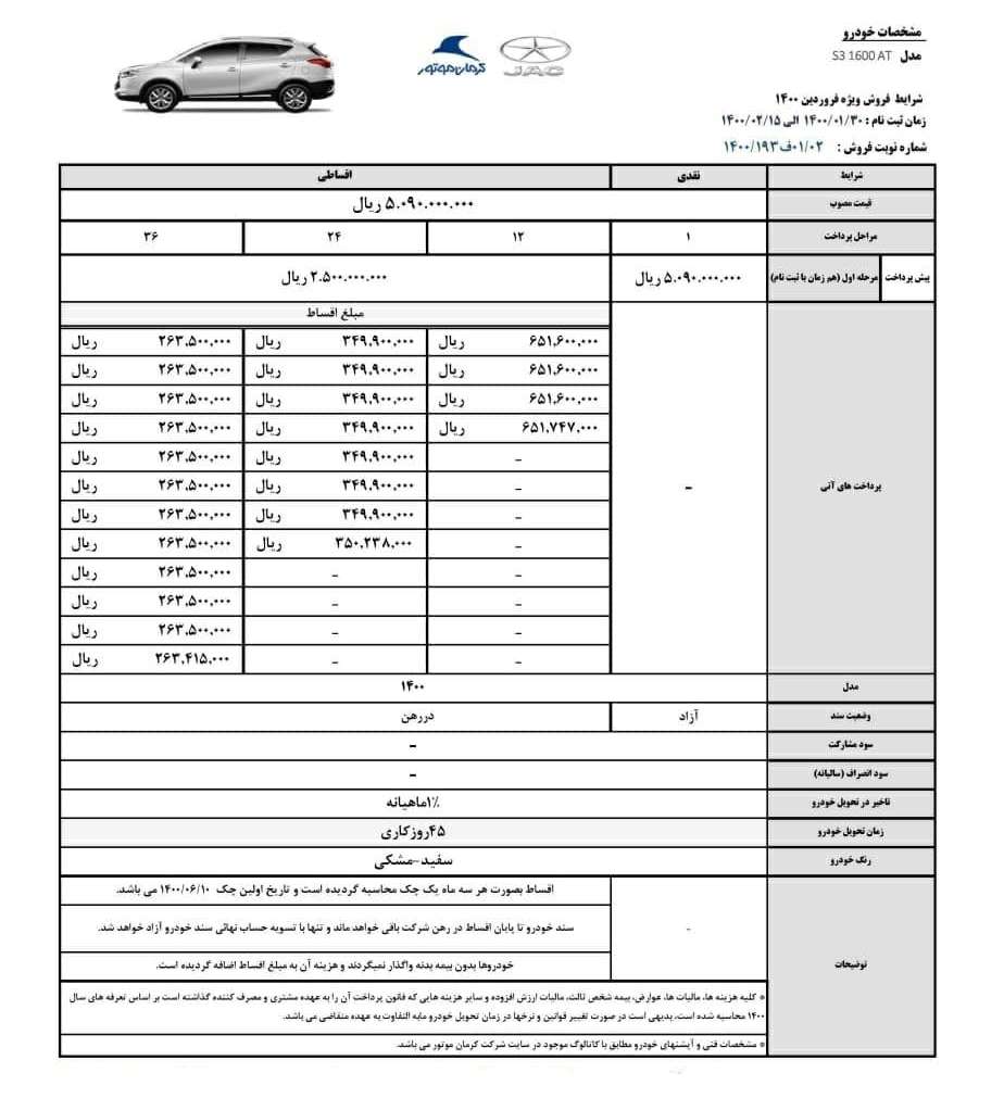 شرایط فروش ویژه برای جک S3 ، آوریل 1400